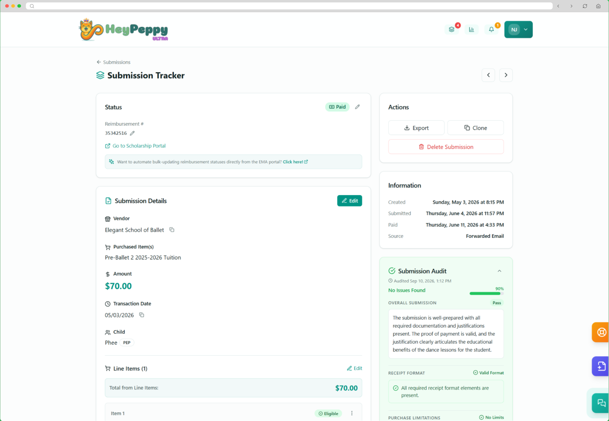 HeyPeppy Dashboard - Florida Scholarship Reimbursement Tracker
